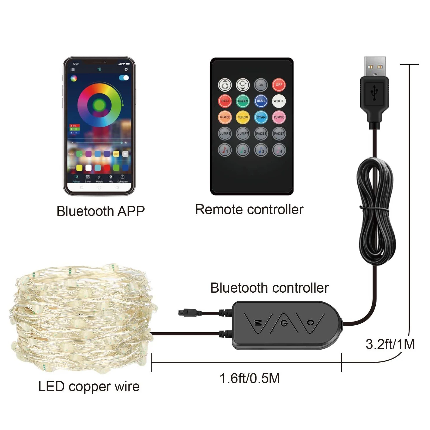 Смарт 2/5/10/20 м USB RGB Изменение строка светильник Bluetooth App управление LED гирлянда Xmas