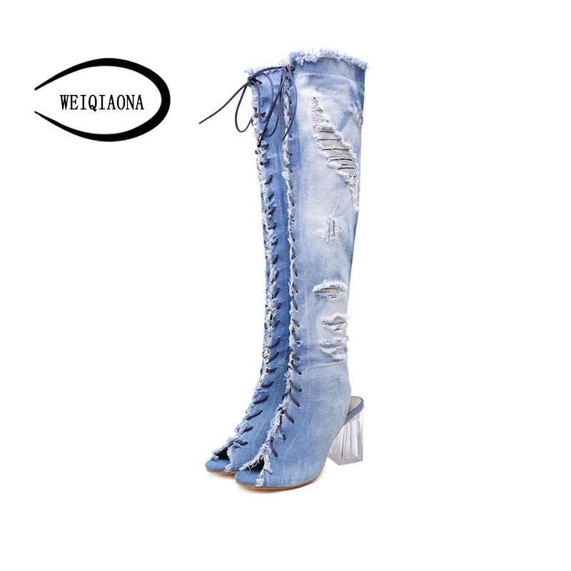 WEIQIAONA New Autumn crystal thick with denim boots high heel fish mouth strap nightclub Party Shoes Wedding Shoes Sandals Boots