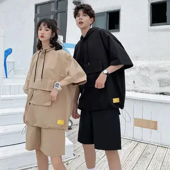 

spring summer new three dimensional pocket tooling hooded windbreaker short sleeved T shirt loose short Casual suits