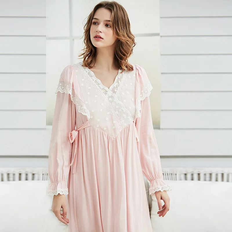 Женская ночная сорочка, винтажное кружевное хлопковое Ночное платье, женское элегантное белое платье для сна, ночная рубашка с длинными рукавами, розовая женская ночная рубашка - Цвет: Розовый