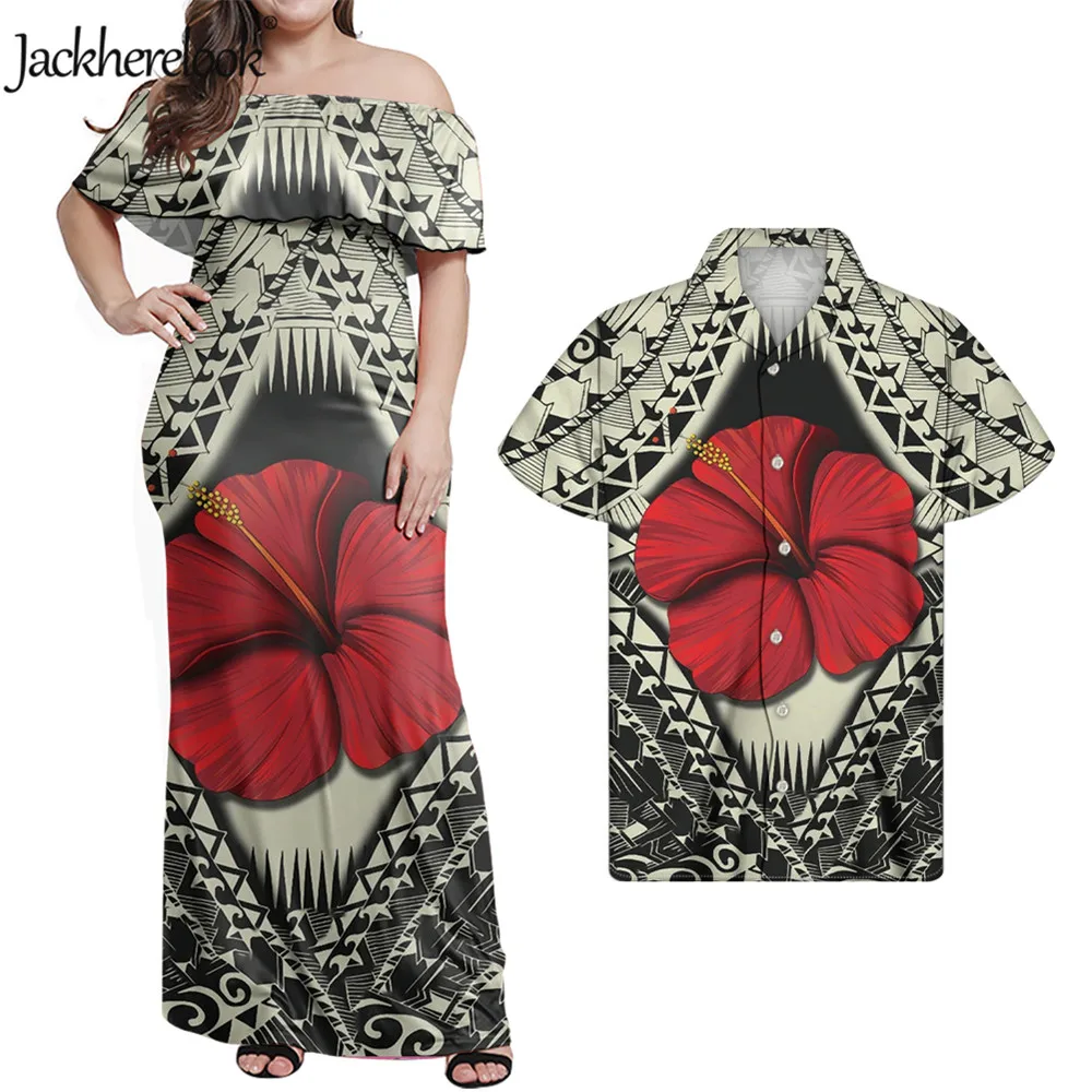 Jackherelook Womens Vintage Maxi Dresses Samoan Hibiscus Polynesian Tribal Brand Design Summer Unisex Clothes Off Shoulder Dress