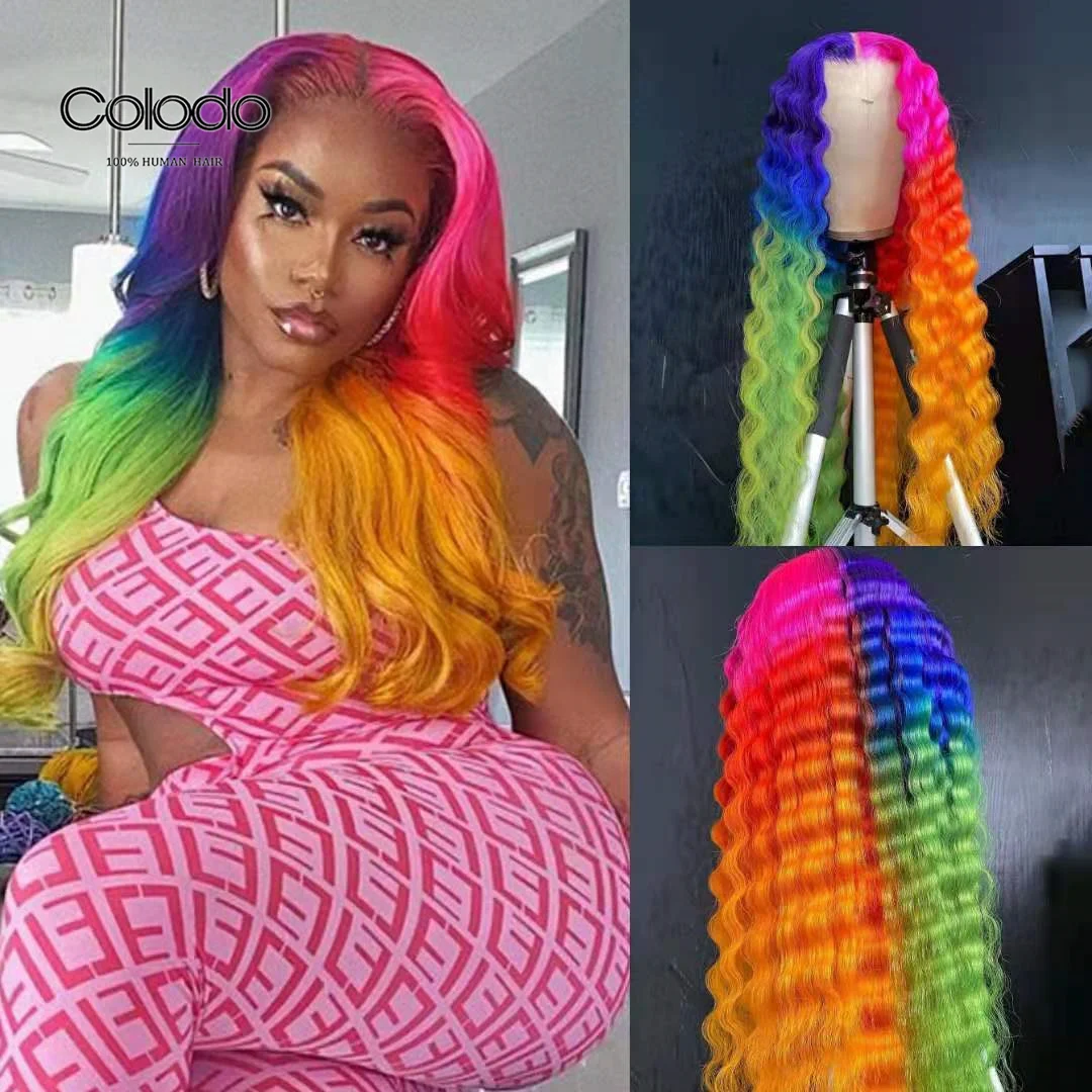 Colodo Remy Brazilian Pink Orange Wigs Pre Plucked Rainbow Human Hair