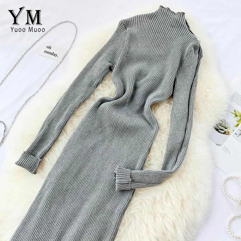 

YuooMuoo Side Zipper Design Women Long Sleeve Dress 2019 Hot Autumn Winter Fashion Bodycon Dress Knitted Elegant Ladies Dresses