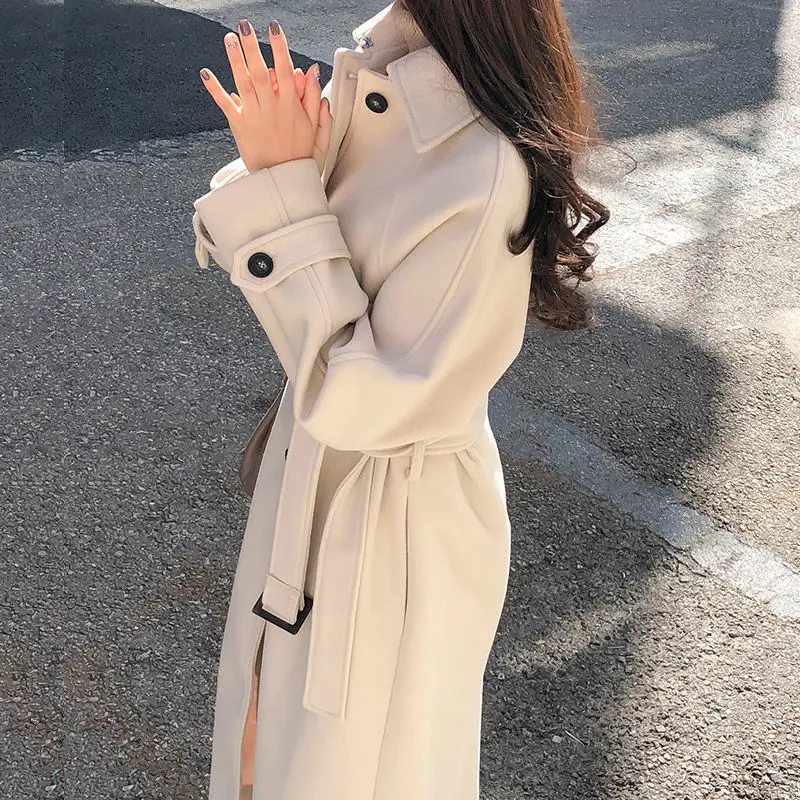 Autumn Winter Woolen Coat Women Korean Elegant Long Overcoat Vintage Solid Color Bandage Jacket Oversize Office Warm Women Coats