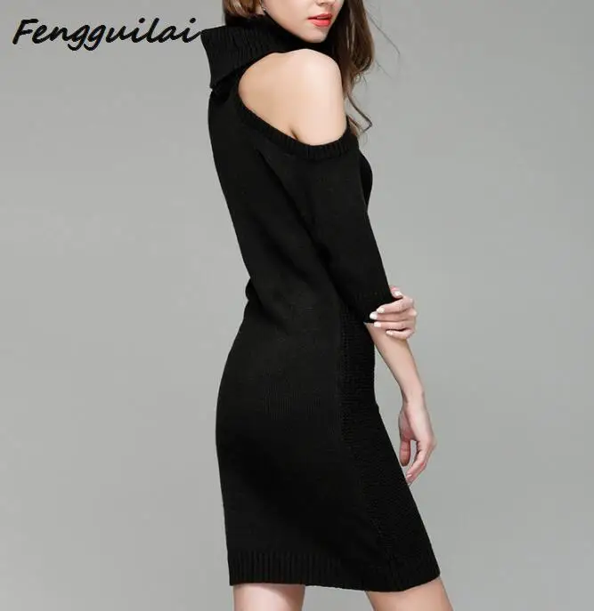 

FENGGUILAI Autumn Winter Sexy Off Shoulder Turtleneck Sweater Dress Women Vintage Twisted Half Sleeve Long Pullovers Jumpers