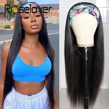 

Roselover Long 26inch Straight Human Hair Headband Scarf Wig for Black Women Natural Color Full Machine Made Non-Lace Wigs