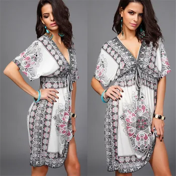 

Plus Size Beach Dress 2020 Sexy Cover Up Beach Women V-neck Bikini Cover Ups Print Beachwear Summer Swim Dress Saida De Praia