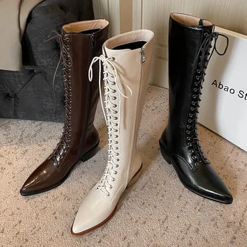 

Fashion Concise Women Knee-High Boots New Autumn Winter Warm Boots Square High Heels Shoes Woman Zipper Western Long Boots 34-39