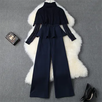 

2019 New Fall Winter Designers Women Pants Set Elegant Lady Turtleneck Cloak Sweater+Top+Trousers 3pcs Clothing Set Outfits