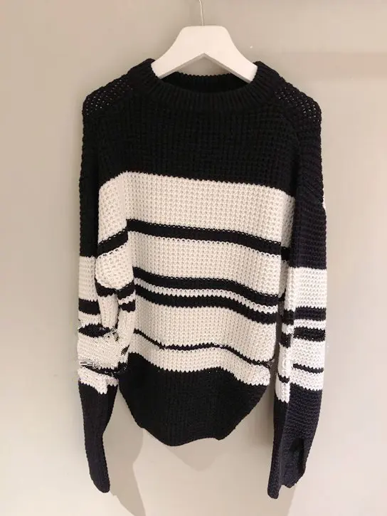 

Fall/winter 2019 Black Sweater New Thick Striped Wool Sweater Pullover Lace Sweater Women Pullovers Sweater Women