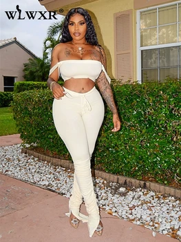 

WLWXR 2 Piece Set Women Suit Club Pink Summer Outfits Off Shoulder Crop Top Pleated Pants Ladies Tracksuit Female Matching Sets