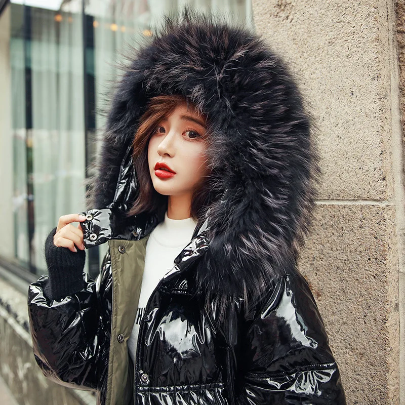 

white duck down large fur collar patent leather down jacket long Winter Jacket Female Down Coat Loose Oversized Womens Parka