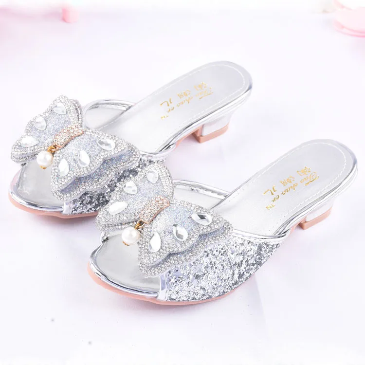 

Children High Heel Slippers Middle And Large Small CHILDREN'S Bow Rhinestone Shoes Summer A- line Sandals Fashion Girls Princess