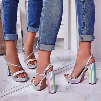 

NEW Fashion Silvery Bling Platforms Gladiator Sandals Woman Peep Toe High Heels Ankle Strap Pumps Party Nightclub Shoes