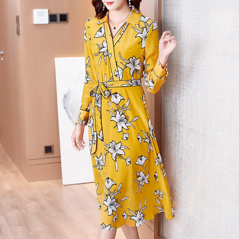 

2020 Spring Women's Long Sleeved Real Silk Elegant A-line Yellow Printing Luxury Dresses