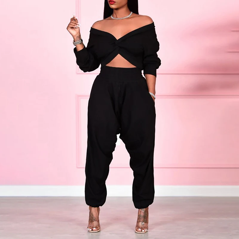 

Woman Plain Twisted V Neck Long Sleeve Femme Crop Top & Fashion Pocket Design Oversize Pants Set Casual Sport Tracksuit Trousers