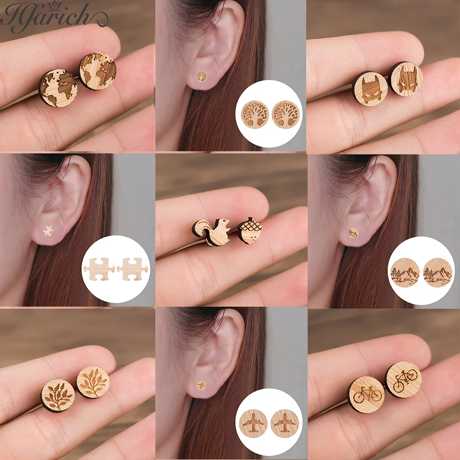 

Hfarich Airplane Life of Tree Sweet Rabbit Wooden Earrings Bike Shape Round Wooden Animal Plant Stud Earrings For Women Aretes