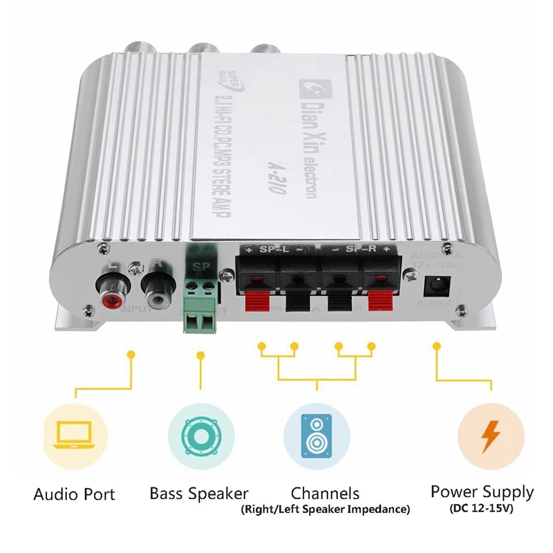 

Car Auto DX-210 2.1 Channel Bass Power Amplifier HiFi o Stereo Speaker Booster 12V Excellent Thermal Stability