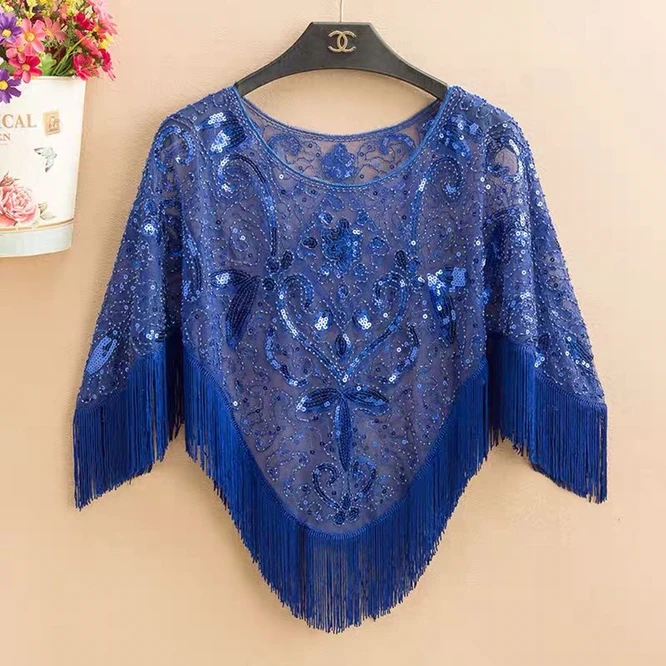 Women's Pullover Loose  Summer Shawl Tassel Top Lace Cloak Sequin Sunscreen Girls Wear Hollow Out Versatile Outdoor Blue