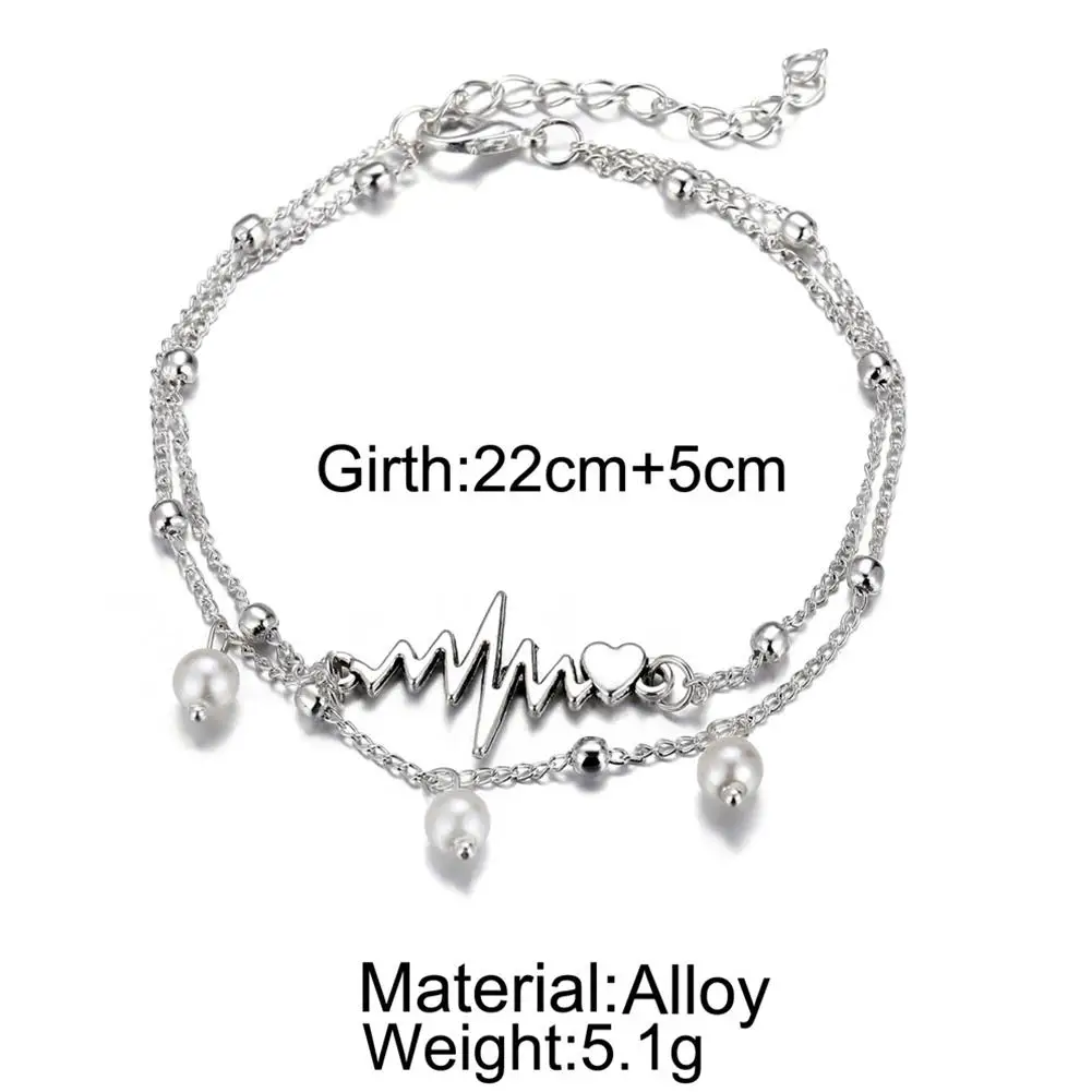 Retro Simle Electrocardiogram Shaped Artificial Pearls Anklet for Women