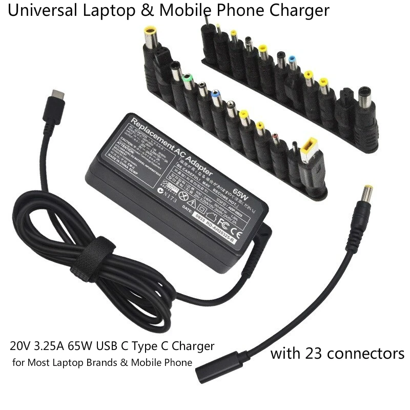 

20V 3.25A 65W USB C Universal Laptop Phone Charger with 23 Connectors for Lenovo Thinkpad Asus Samsung HP Sony Toshiba Dell