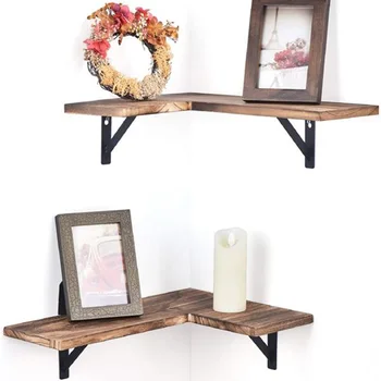 

2pcs Corner Floating Shelves L Shape Wall Mount Wood Storage Rack Rustic Display Holder for Kitchen Bedroom Living Room Bathroom