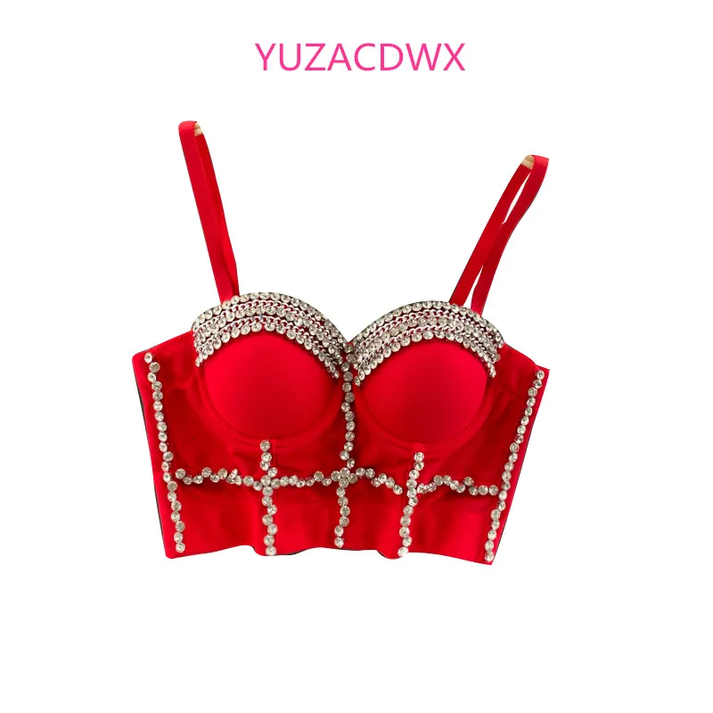 

Fashion Shiny Colored Rhinestones Crop Top Corset Women Black Top Club Festive Clothing