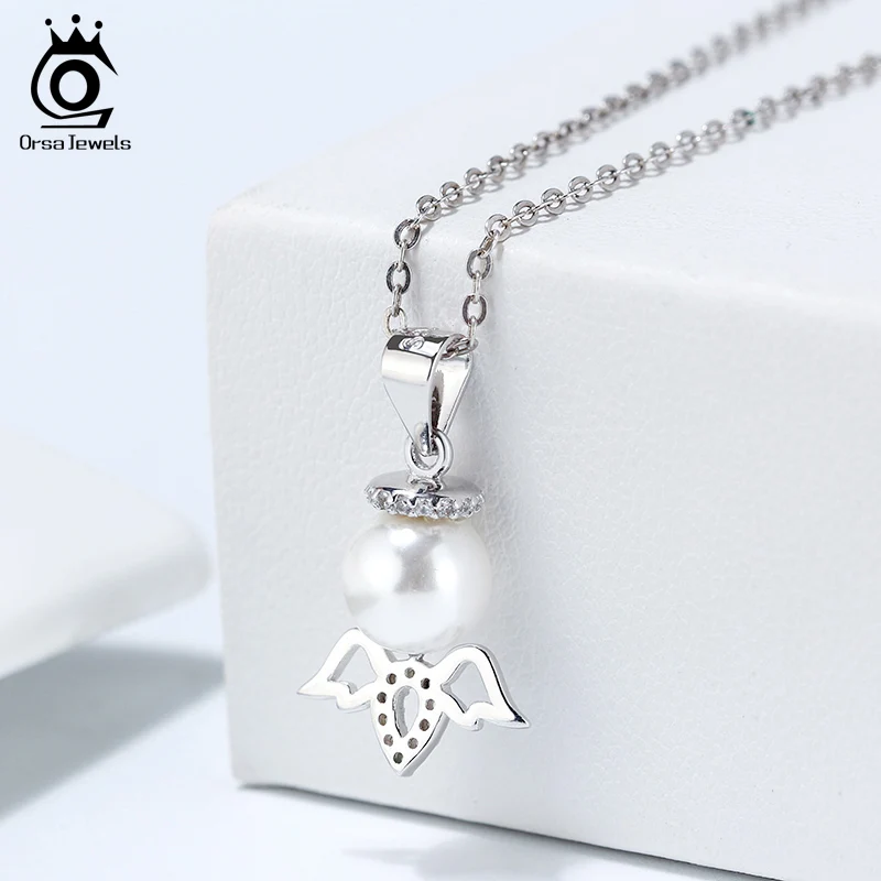 ORSA JEWELS, роскошное ожерелье с подвеской из искусственного жемчуга S925, подвеска в форме ангела с прозрачным цирконием АААА, уникальные блестящие ювелирные изделия SN183