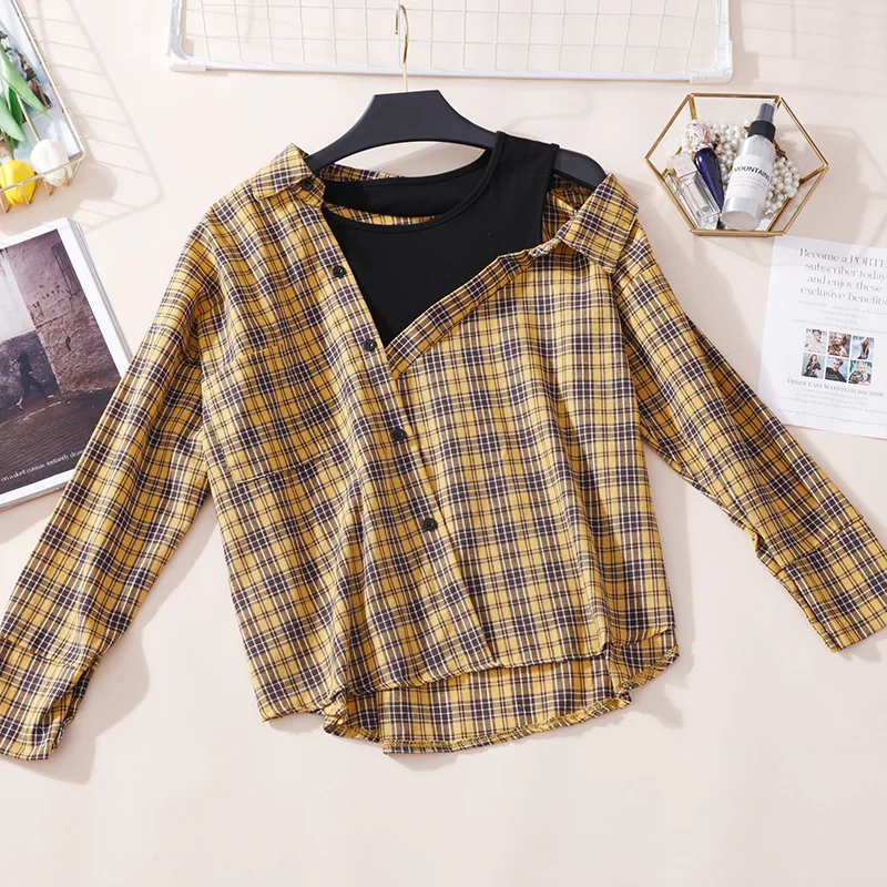 Женская винтажная хлопковая рубашка в клетку асимметричная блузка с длинными