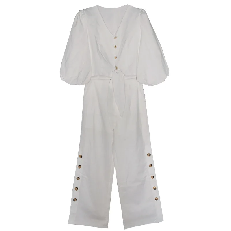 white TWOTWINSTYLE повседневный комплект из двух предметов женский короткий топ с v-образным вырезом и рукавом-фонариком с высокой талией и широкими штанинами женский костюм Мода - Цвет: white