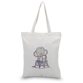 

Canvas Tote Bag Elephant & Rabbit Shopping Bag Handbag Custom Print Logo Text DIY Eco Ecologicas Reusable Recycle Daily Use