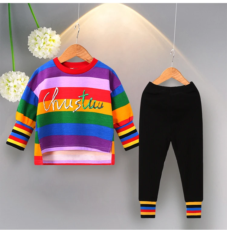

2019 new autumn item girl casual rainbow suit including top+pant 2pcs per set