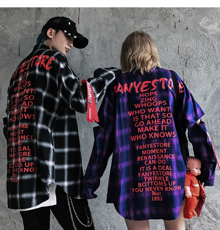 AELFRIC клетчатые печатные ленты мужские рубашки Harajuku уличная пара с длинным рукавом модные хип хоп повседневные хлопковые топы оверсайз