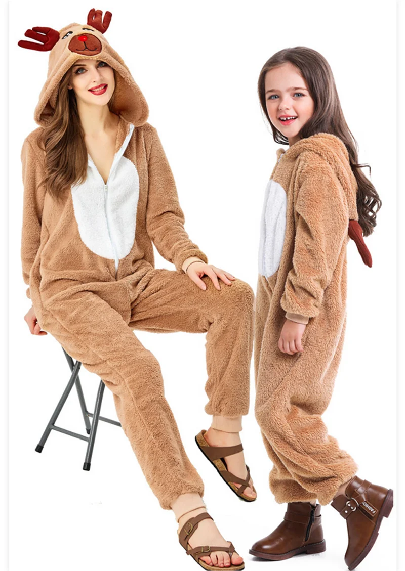 Kids Adult Christmas Reindeer Moose Jumpsuit Costumes Cosplay Animal Elk Ball Party Fancy Dress Parent- Child Reindeer Costume