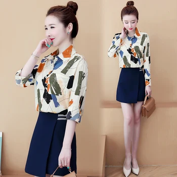

COIGARSAM Fashion Print Shirt Womens tops Geometric Chiffon Women shirts 8860