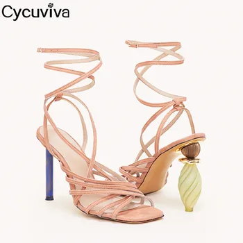 

New Strange Heels Strappy Sandals Women Ankle Strap Summer Mules Square Toe Party Ladies Shoes High Heels Gladiator Sandals