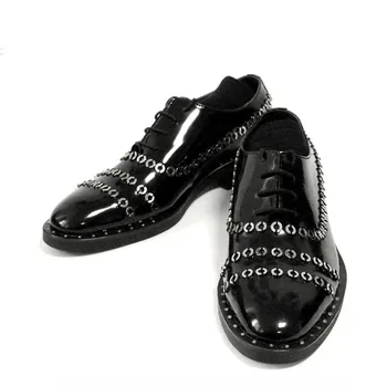 

New Gothic Copper Rings Handmade Italian Runway Patent Genuine Leather Shoes Men Wedding Party Male Formal Dress Shoes Plus Size