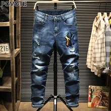 POVOTE jeans men's hip hop trend pants slim pencil pants men's jeans pants locomotive jeans embroidery trend design POVOTE jeans men's hip hop trend pants slim pencil pants men's jeans pants locomotive jeans embroidery trend design