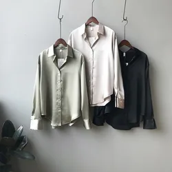 QWEEK – Cardigan Vintage à manches longues pour femmes, chemisier surdimensionné en Satin soie, boutons, élégant, Chic, mode coréenne, 2021 
