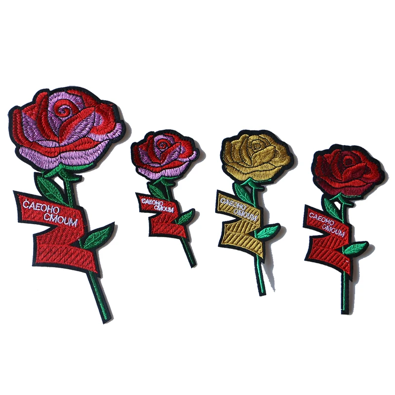 

Rose with Leaves in Love Embroidered Iron on Patches for Clothing DIY Stripes Clothes Patchwork Sticker Custom Flowers Badges