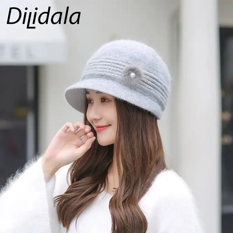 Dilidala 野生のウサギの毛皮ニット帽子韓国人女性のファッション冬通気性のベレー帽プラス暖かいイヤーマフ母帽子 Women S Bomber Hats Aliexpress