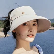 Summer Fodable Two Wearing Sun Hats For Female Bow Visor Caps Outdoor UV Protection Beach Hat Women Empty Top Hats