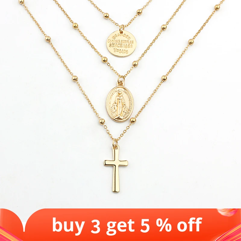 FINE4U N269 Multi-Layer Cross Virgin Mary Pendant Necklaces Stainless Steel Beads Necklace Crucifix Rosary Jewelry