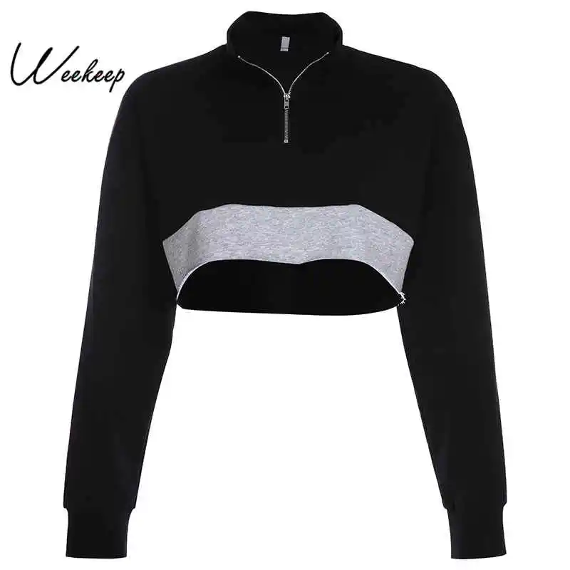 Черный Weekeep Patchwork Loose Turn Down Collar Hoodies Women Black Cropped Streetwear Pullover Sweatshirt - Цвет: Черный