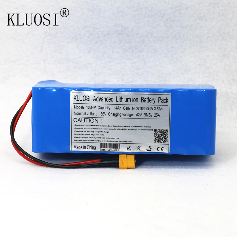 

KLUOSI 36V Battery 10S4P 14Ah for NCR18650GA with 25A Balanced BMS 42V Li-Ion Battery Pack Ebike Electric Bicycle Motor Scooter