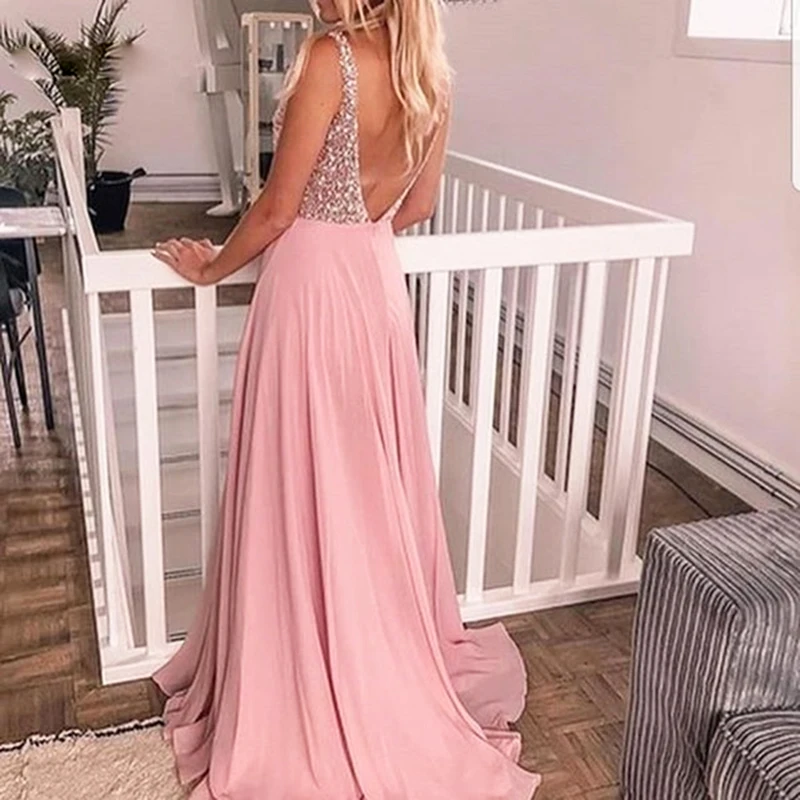 Популярное розовое платье для выпускного вечера, длинное сексуальное платье с v-образным вырезом, открытая спина, официальное вечернее платье, шифоновое платье с бисером, платья для торжественных событий