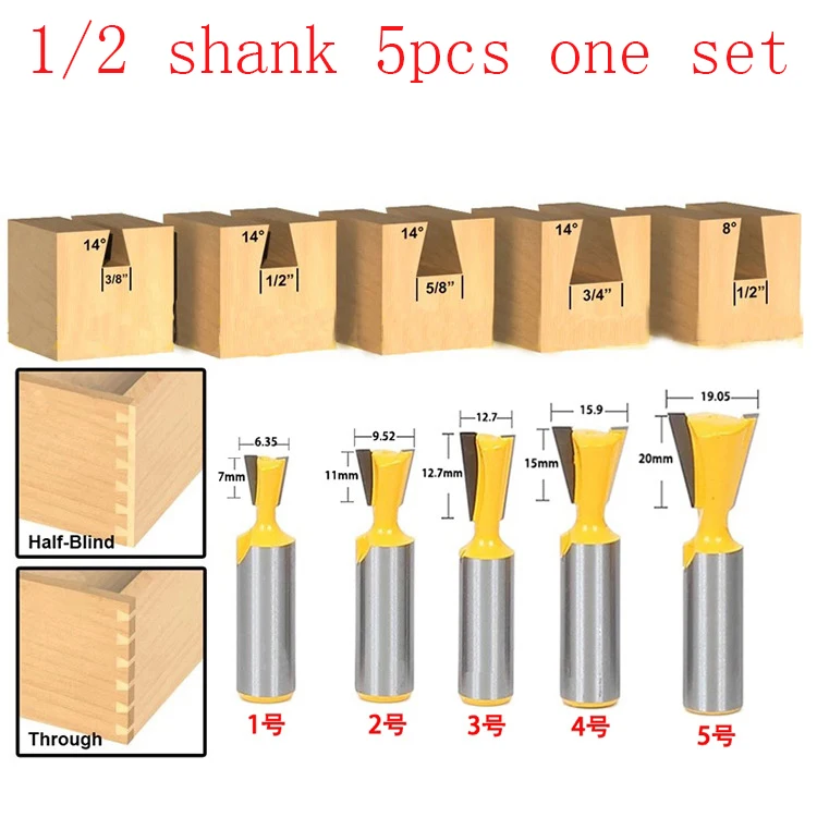 

5pcs/set High Quality Industry Standard 1/2" Shank Dovetail Router Bit Cutter wood working