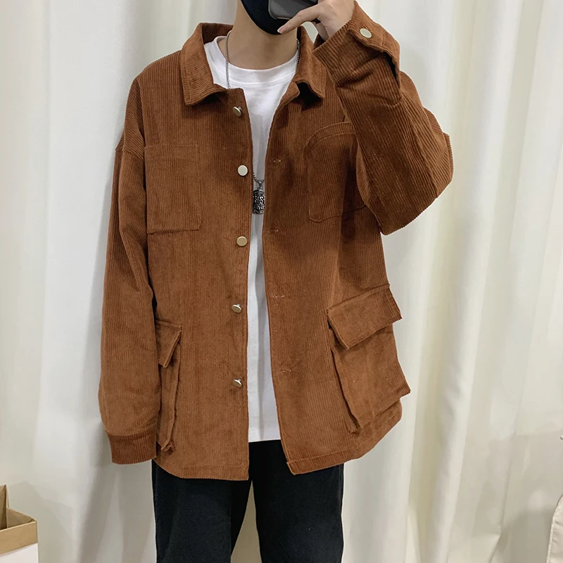 Осенняя Вельветовая куртка мужская мода ретро однотонная повседневная куртка х/б Мужская Уличная Хип-хоп Свободное пальто большого размера M-5XL - Цвет: Dark brown