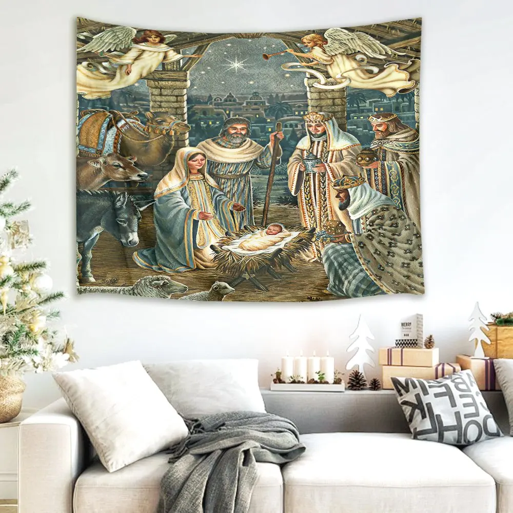 Nativity Scene Tapestry Jesus Christ Birth in Manger Wall Hanging Angel