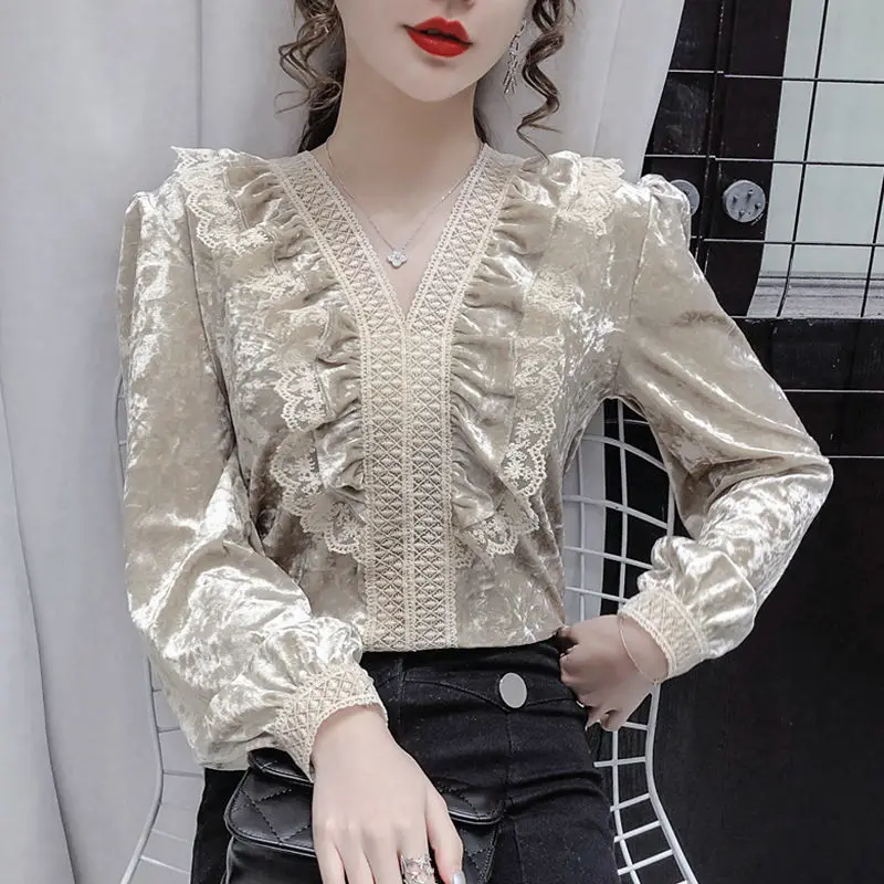 cute blouses Autumn Winter 2020 Lady Blouse Lace V-neck Ruffle Velvet Shirt Women's Loose Slim Joker Long Sleeve Tops Feminine Blusa plus size blouses